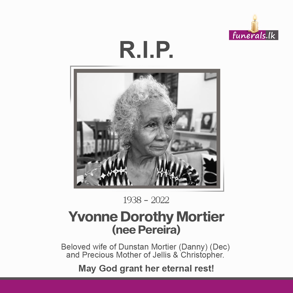MRS. YVONNE DOROTHY MORTIER (nee Pereira)